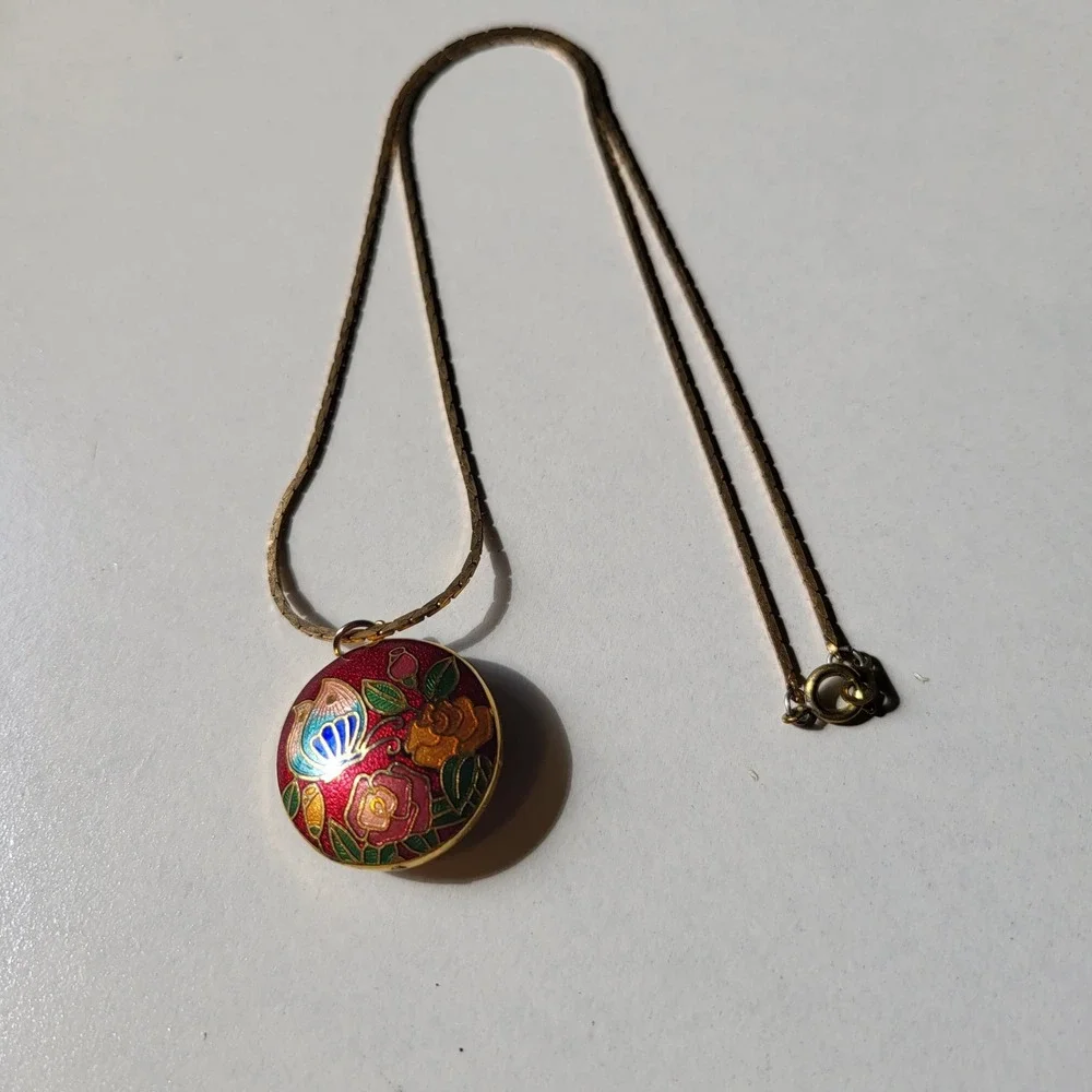 Vintage Two Sided Puffy Cloisonne Pendant Necklace Red Floral Butterfly